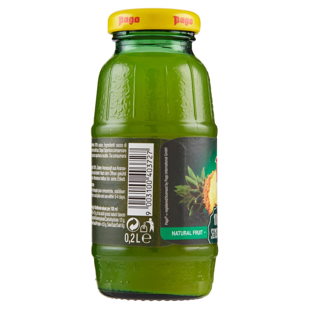 Pago Succo di Frutta, Ananas 100%, Bottiglia Vetro Monodose 20 Cl