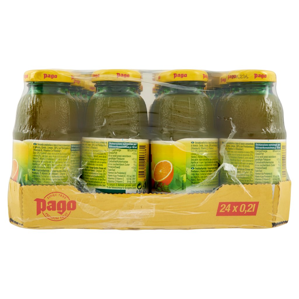 Pago Succo di Frutta, Arancia - Carota - Limone, Bottiglia Vetro Monodose 20 Cl x 24
