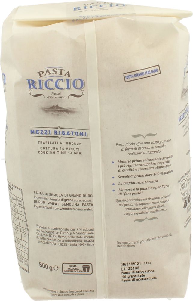 Pasta di Semola Mezzi Rigatoni Riccio 500 g