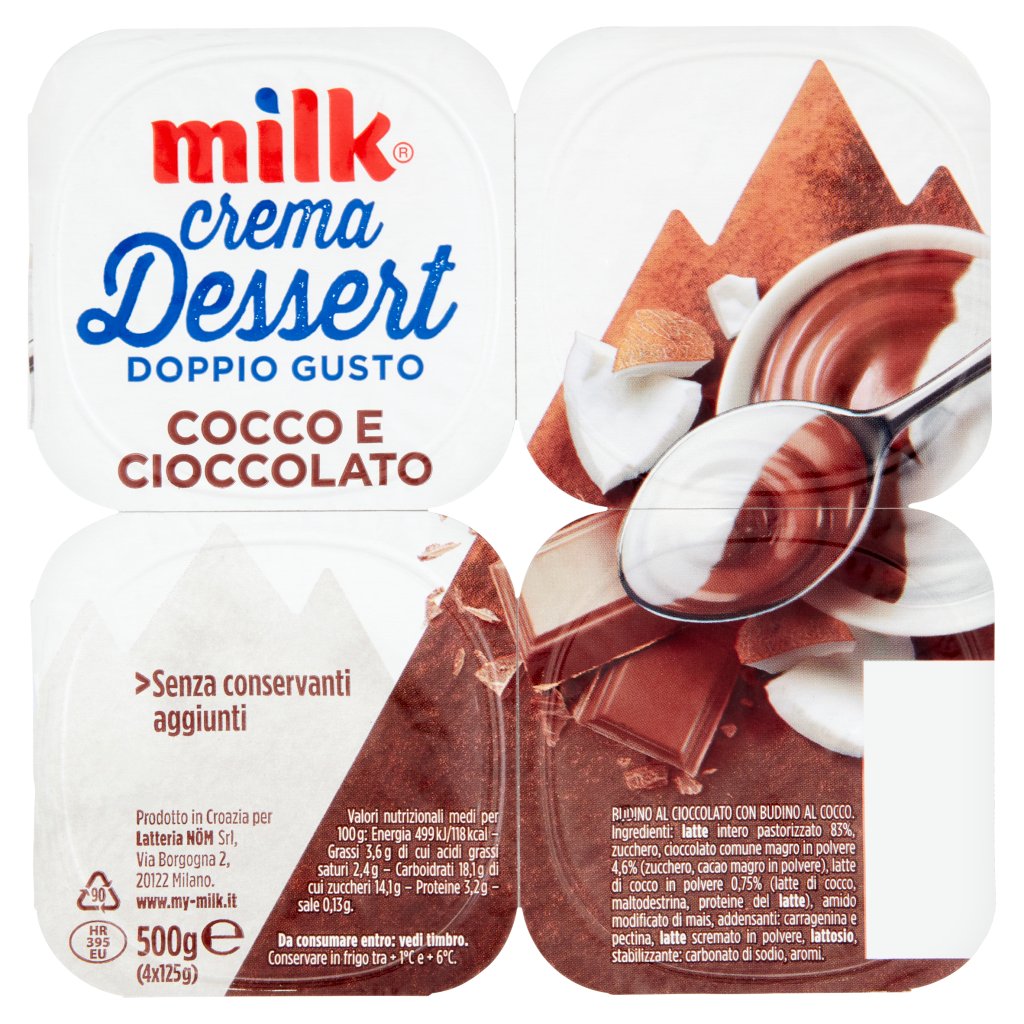 Milk Crema Dessert Doppio Gusto Cocco e Cioccolato 4 x 125 g