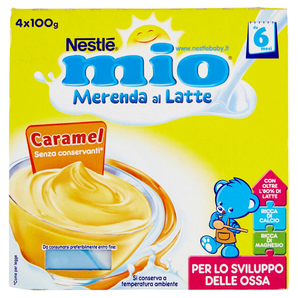 NESTLÉ MIO Merenda Al Latte Caramel - 4 Vasetti Da 100g Per Bambini Da 6 Mesi (Senza Glutine)