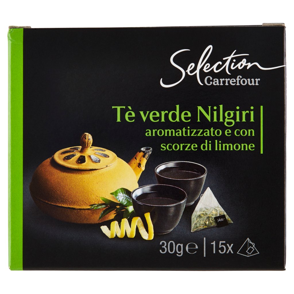 Carrefour Selection Tè Verde Nilgiri Aromatizzato e con Scorze di Limone 15 x 2 g