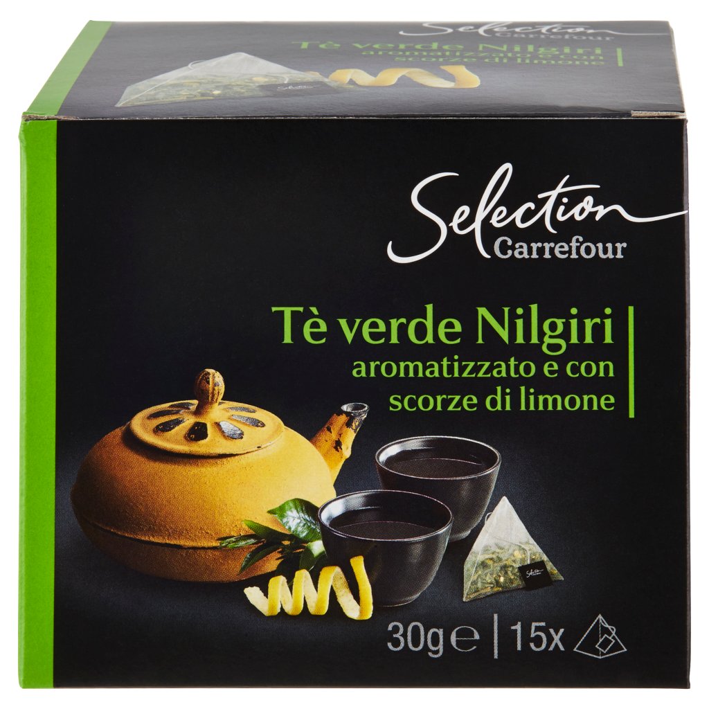 Carrefour Selection Tè Verde Nilgiri Aromatizzato e con Scorze di Limone 15 x 2 g