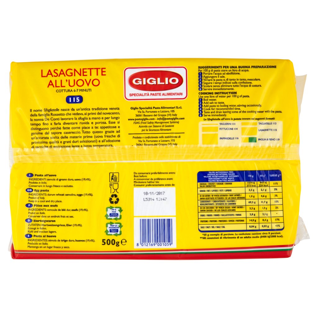 Giglio Pas.uovo Lasagnette 115 As 500gr Giglio