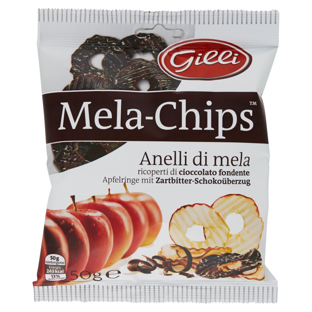 Gilli Mela-chips Anelli di Mela Ricoperti di Cioccolato Fondente