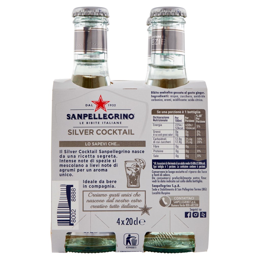 Sanpellegrino Bibite Gassate, Silver Cocktail 20 Cl x 4 (Vetro)