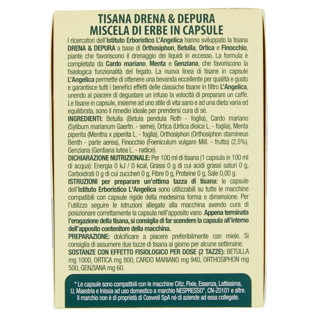 L'angelica Nutraceutica le Tisane Drena & Depura 12 Capsule Compatibili Nespresso*