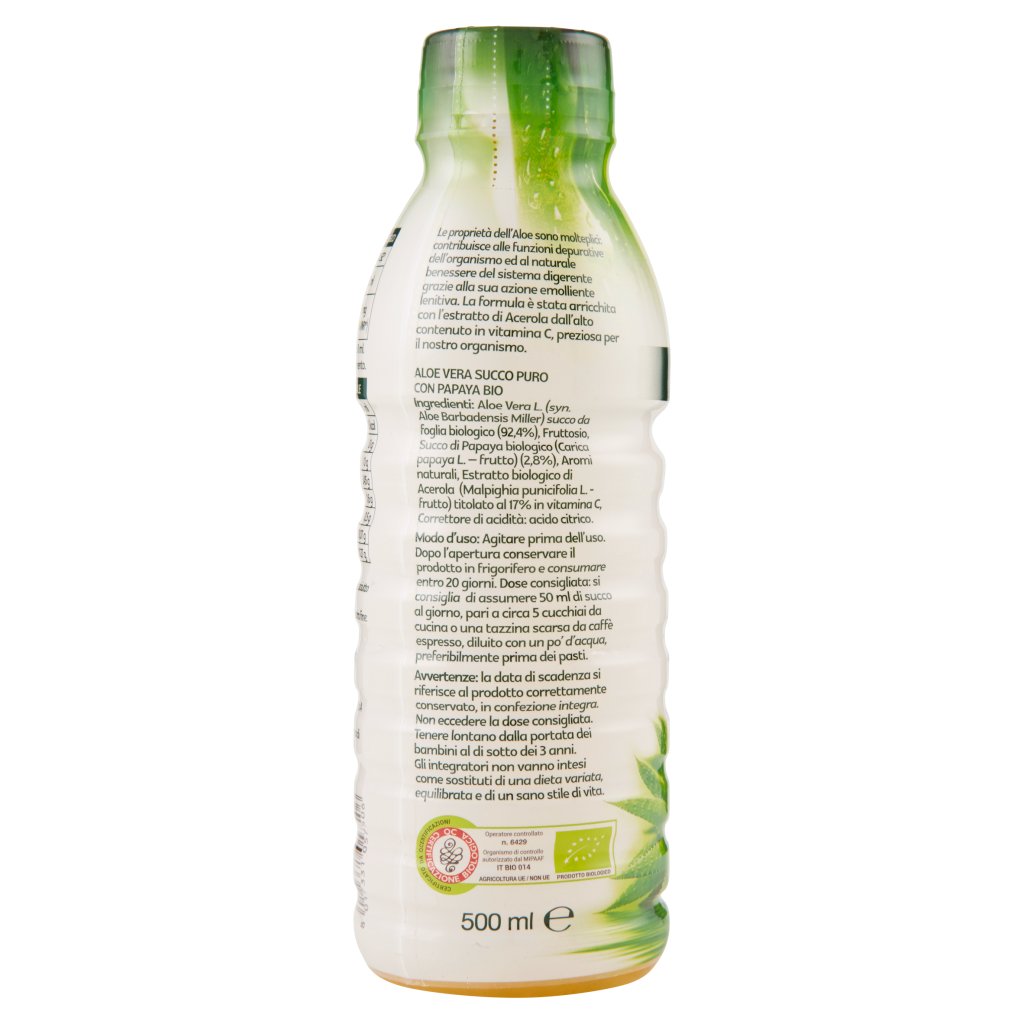 L'angelica Nutraceutica Health Drink Aloe Vera Bio Succo Puro con Papaya 500 Ml