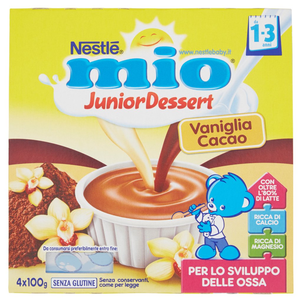 Mio Nestlé Junior Dessert Vaniglia e Cacao Merenda da 1 Anno 4 Vasetti Plastica 100g