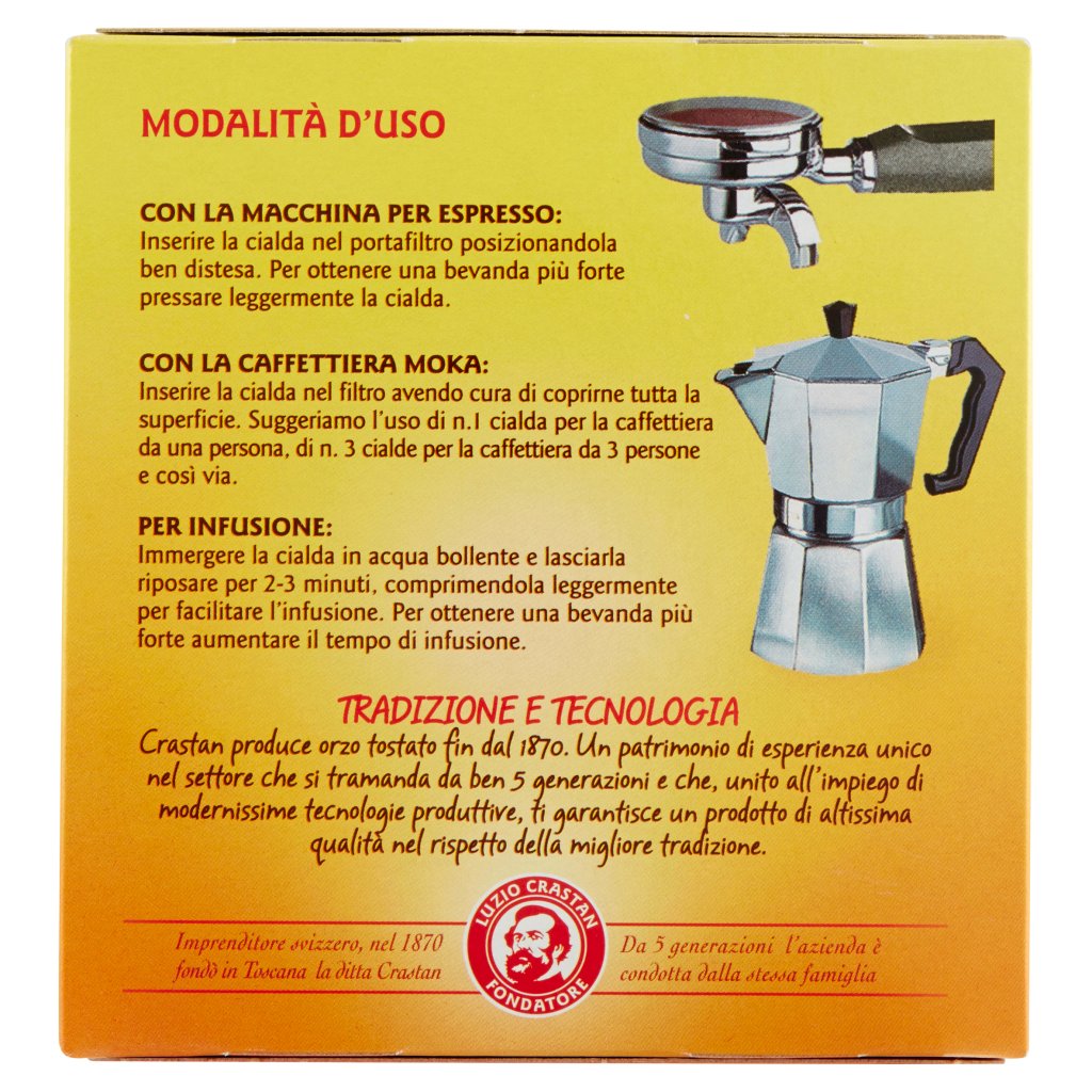 Crastan Bio Orzo Biologico Tostato Macinato Cialde Filtro per Espresso, Moka e Infusione 16 x 6 g