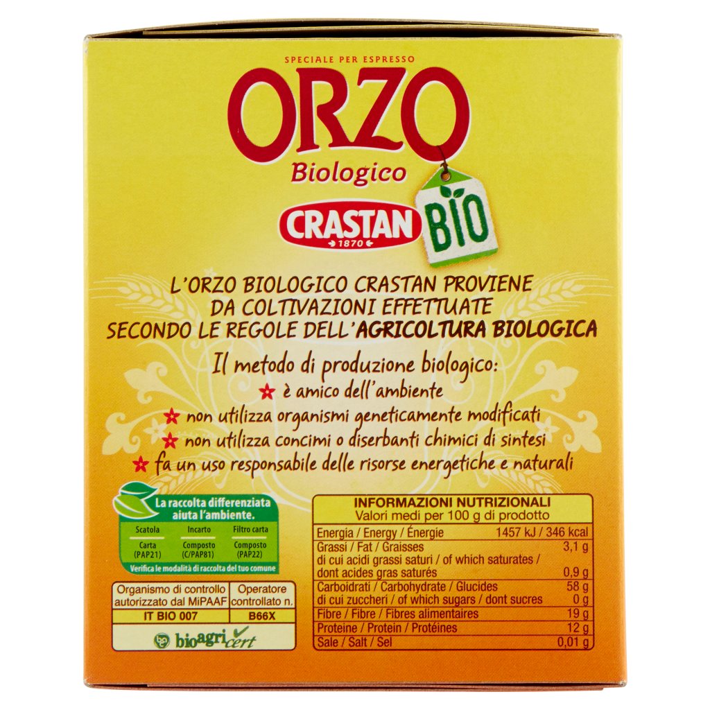 Crastan Bio Orzo Biologico Tostato Macinato Cialde Filtro per Espresso, Moka e Infusione 16 x 6 g