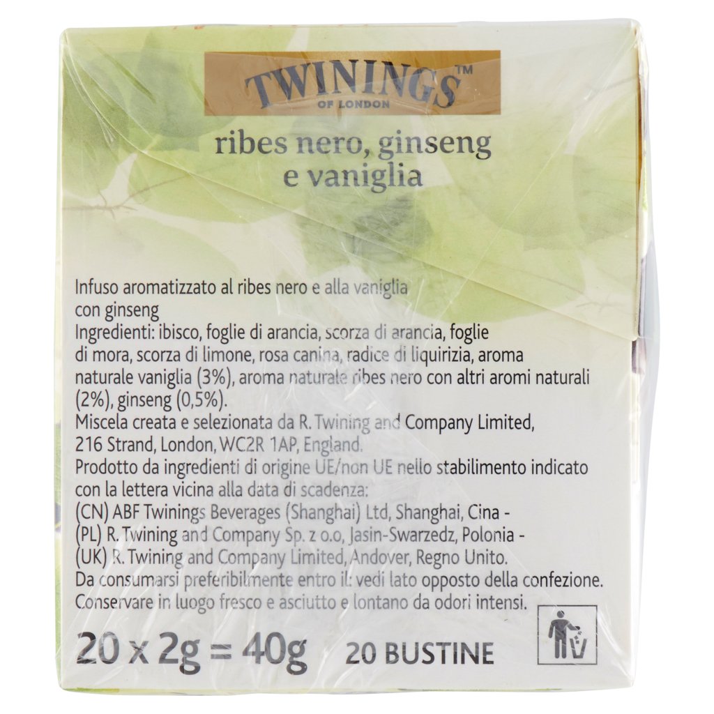 Twinings Infuso Aromatizzato Ribes Nero, Ginseng e Vaniglia 20 x 2 g