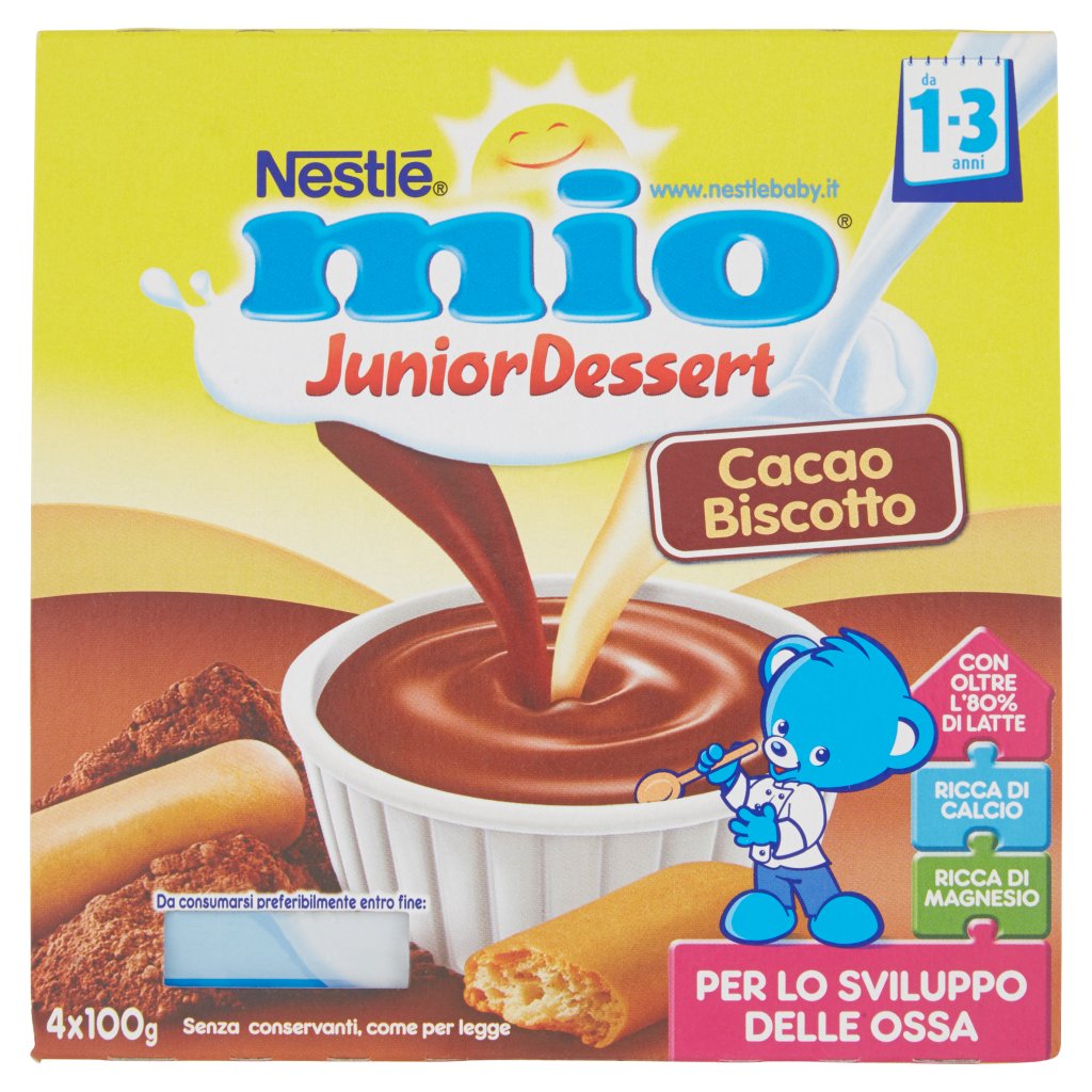 Mio Nestlé Junior Dessert Cacao e Biscotto Merenda da 1 Anno 4 Vasetti Plastica 100g