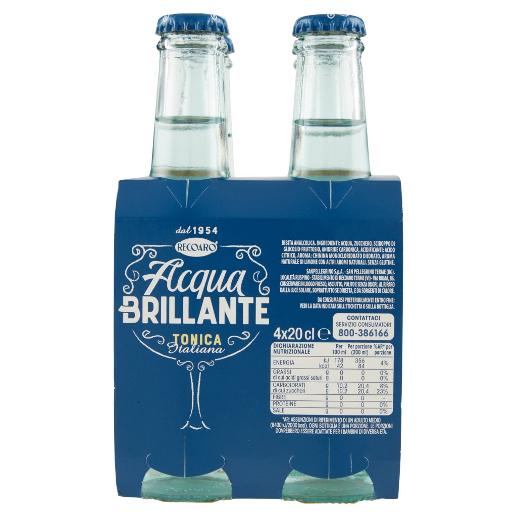 Recoaro Acqua Brillante Bibita Gassata, Acqua Tonica 20cl x 4