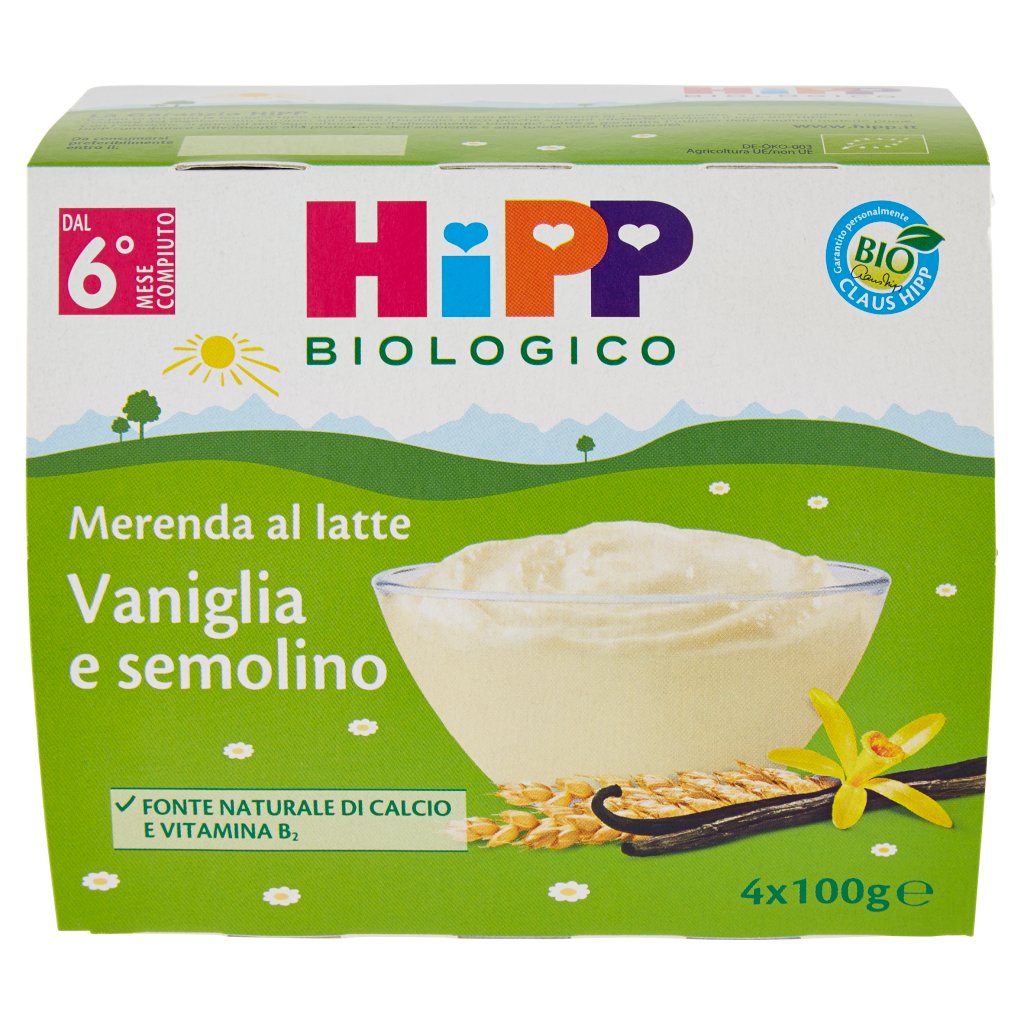 Hipp Biologico Merenda al Latte Vaniglia e Semolino 4 x 100 g