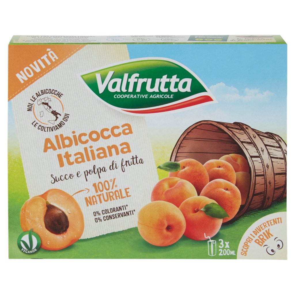 Valfrutta Albicocca Italiana Succo e Polpa di Frutta 3 x 200 Ml