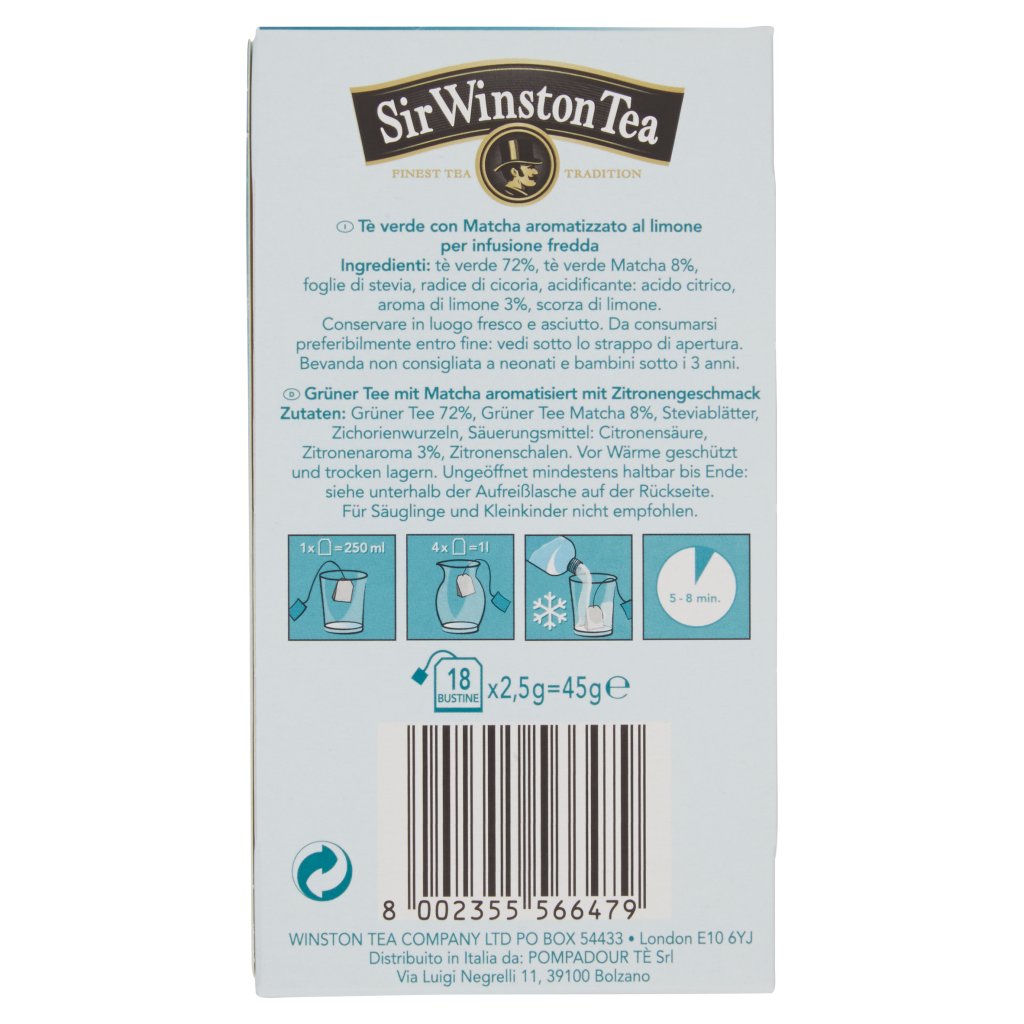 Sir Winston Tea Tè Freddo Matcha e Limone 18 x 2,5 g