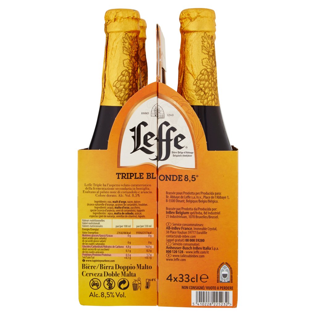 Leffe Leffe Triple Birra Dorata Belga d'Abbazia Doppio Malto Non Filtrata Bottiglia 4x33cl