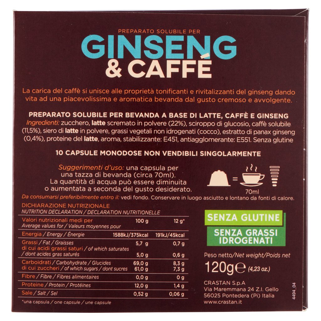 Crastan Preparato per Ginseng & Caffé Capsule Compatibili con Macchine Dolce Gusto* 10 x 12 g