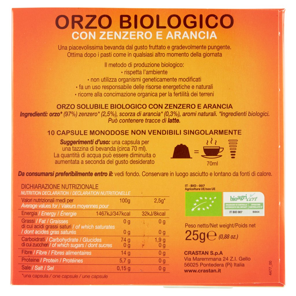 Crastan Bio Orzo con Zenzero e Arancia Capsule Compatibili con Macchine Dolce Gusto 10 x 2,5 g