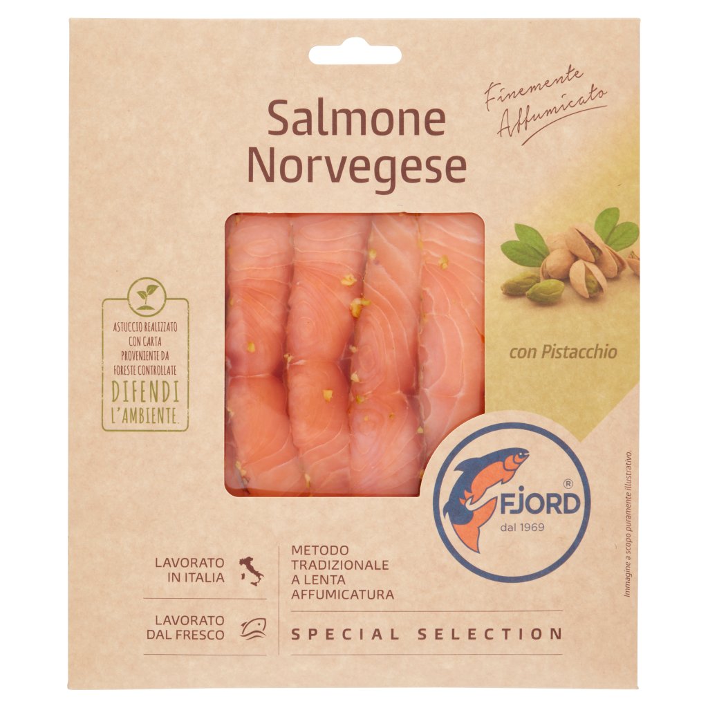 Fjord Salmone Norvegese Finemente Affumicato con Pistacchio 0,100 Kg