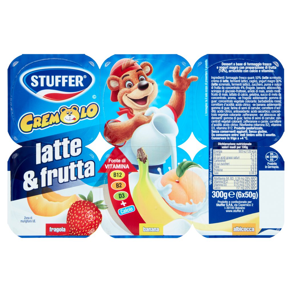 Stuffer Cremolo Latte & Frutta Fragola - Banana - Albicocca 6 x 50 g