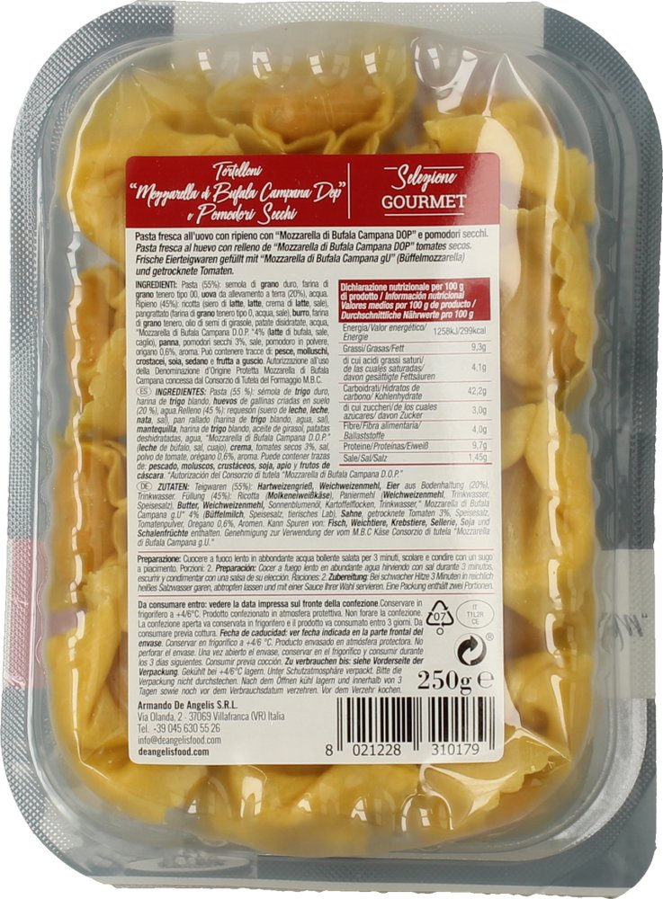 De Angelis Pasta Fresca Tortelloni Mozzarella Bufala Dop e Pomodorini De Angelis 250 g