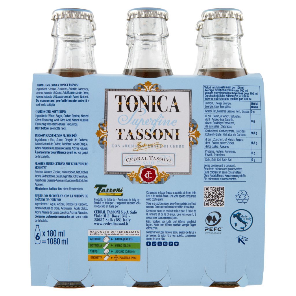 Tassoni Tonica Superfine con Aroma Naturale di Cedro 6 x 180 Ml