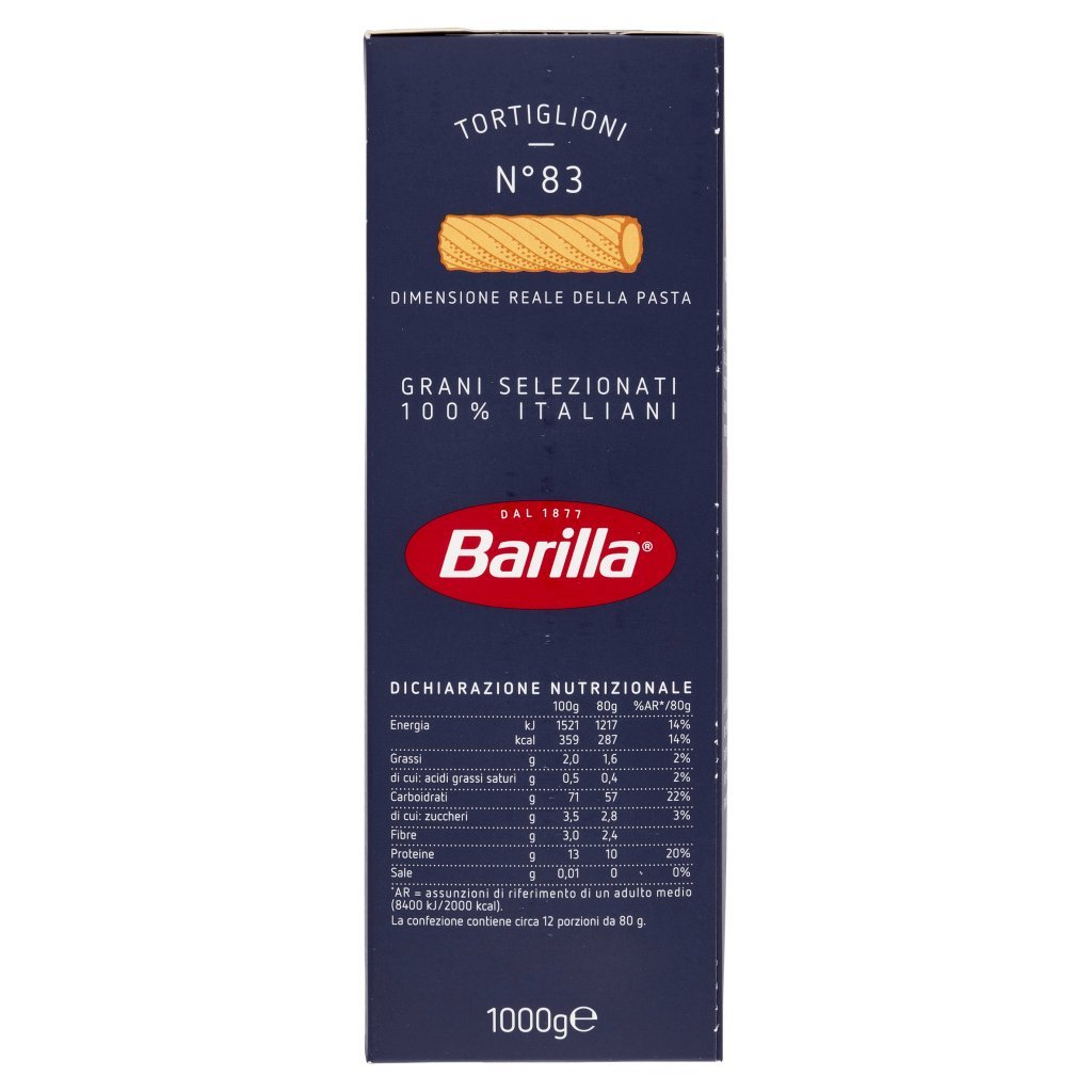 Barilla Pasta Maxi Formato Tortiglioni N.83 100% Grano Italiano 1kg