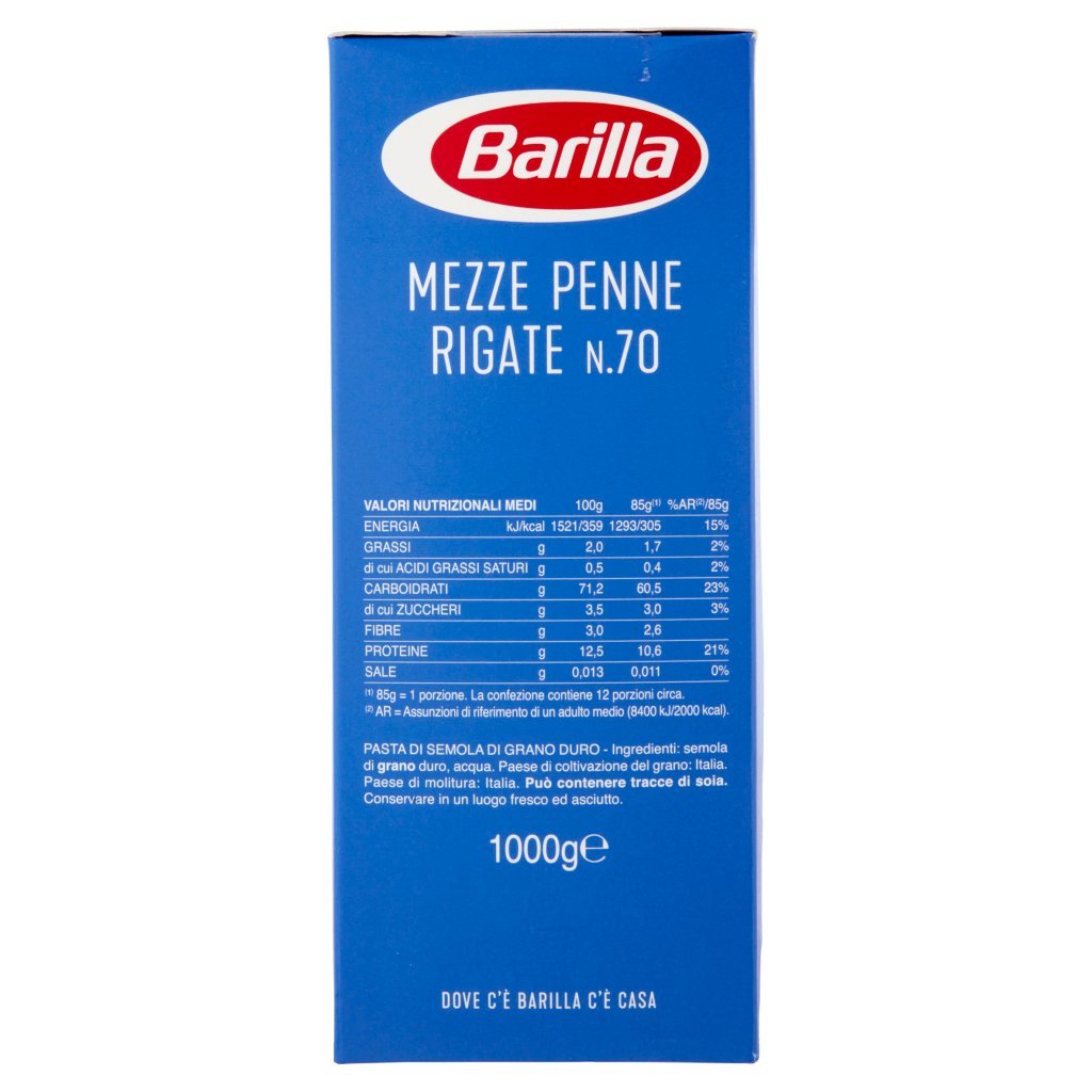 Barilla Pasta Mezze Penne Rigate N.70 100% Grano Italiano 1kg