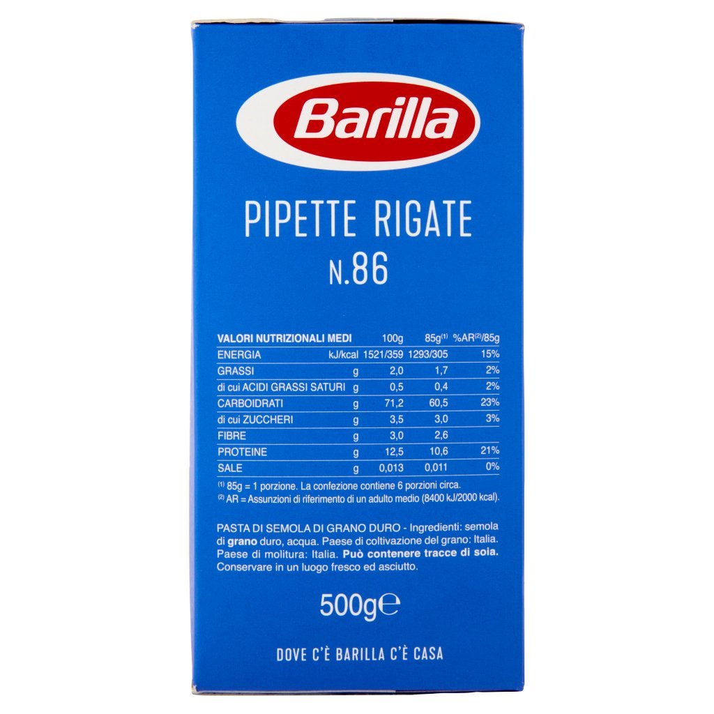 Barilla Pasta Pipette Rigate N.86 100% Grano Italiano