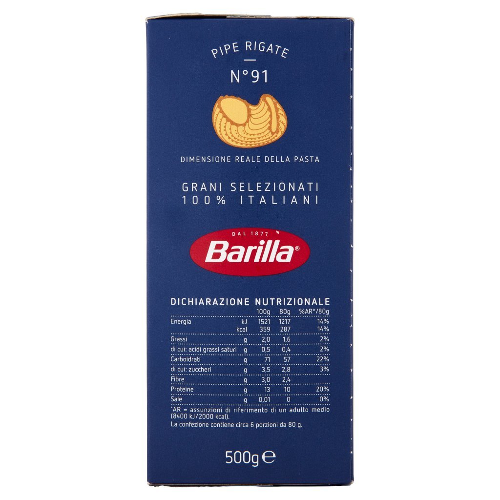 Barilla Pasta Pipe Rigate N.91 100% Grano Italiano