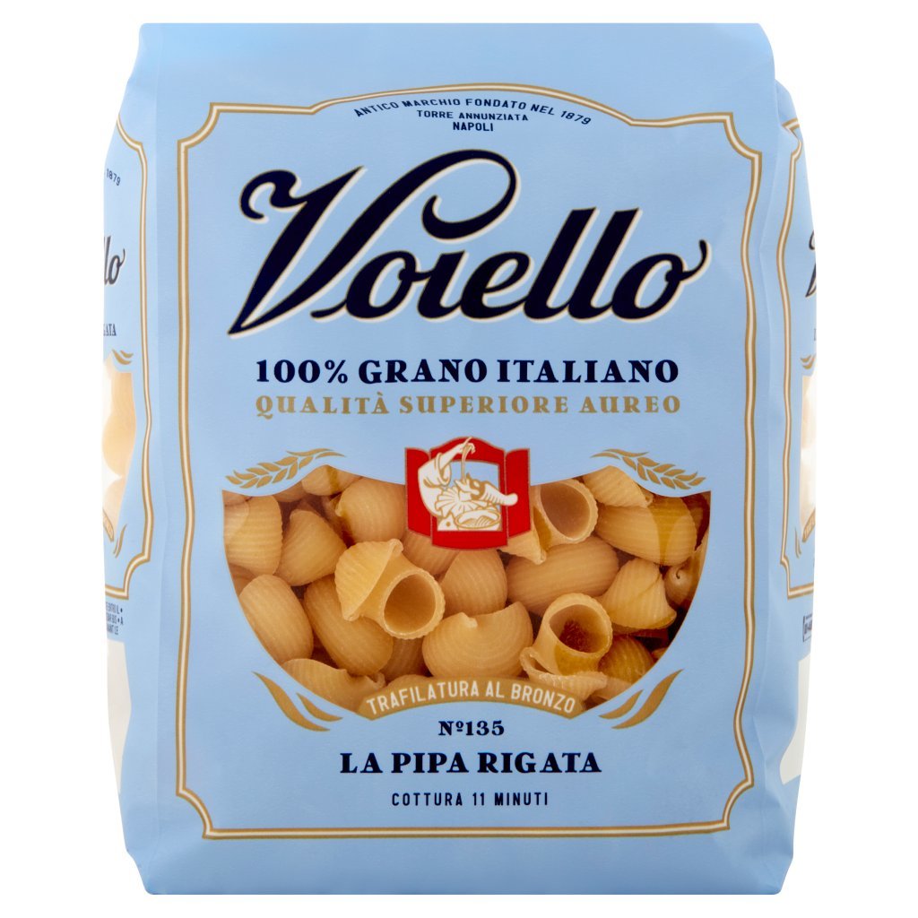 Voiello Pasta la Pipa Rigata N°135 Grano Aureo 100% Italiano Trafilata Bronzo