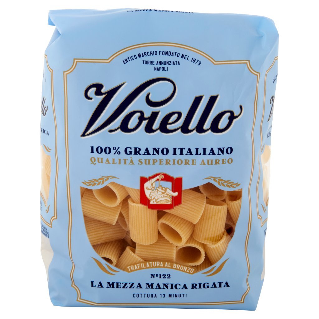 Voiello Pasta la Mezza Manica Rigata N°122 Grano Aureo 100% Italiano Trafilata Bronzo