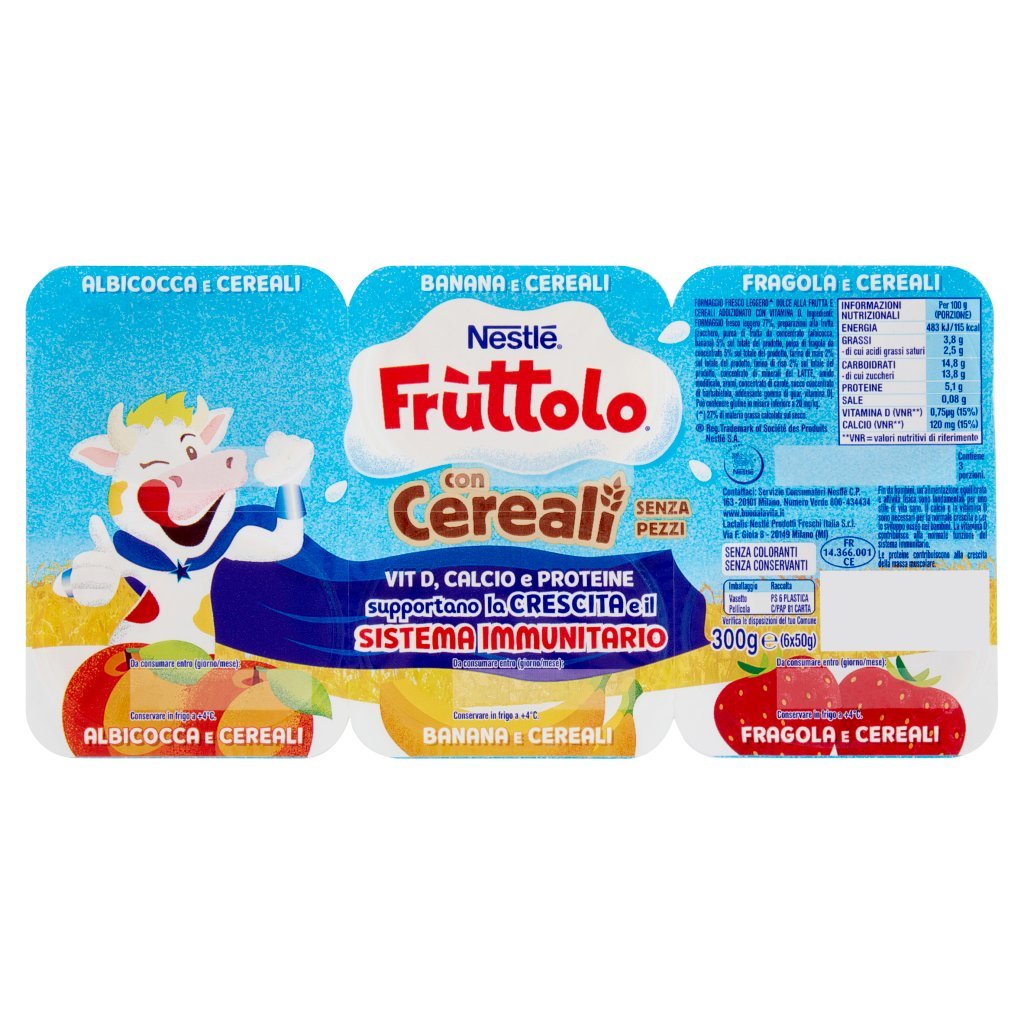 Fruttolo Nestlé  con Cereali senza Pezzi Albicocca e Cereali-banana e Cereali-fragola e Cereali 6x50g