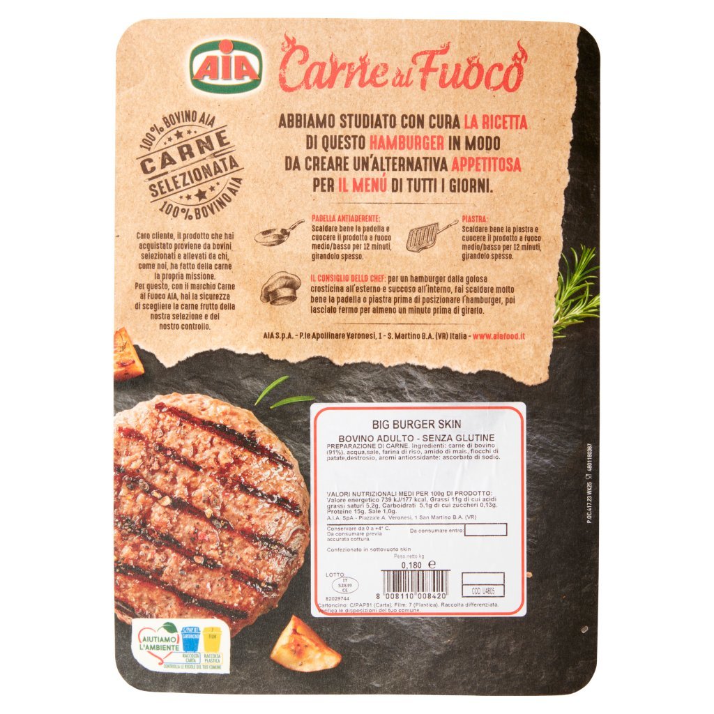 Aia Carne al Fuoco Big Burger 100% Bovino 0,180 Kg