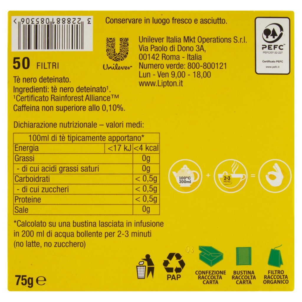Lipton Yellow Label Deteinato 50 Filtri