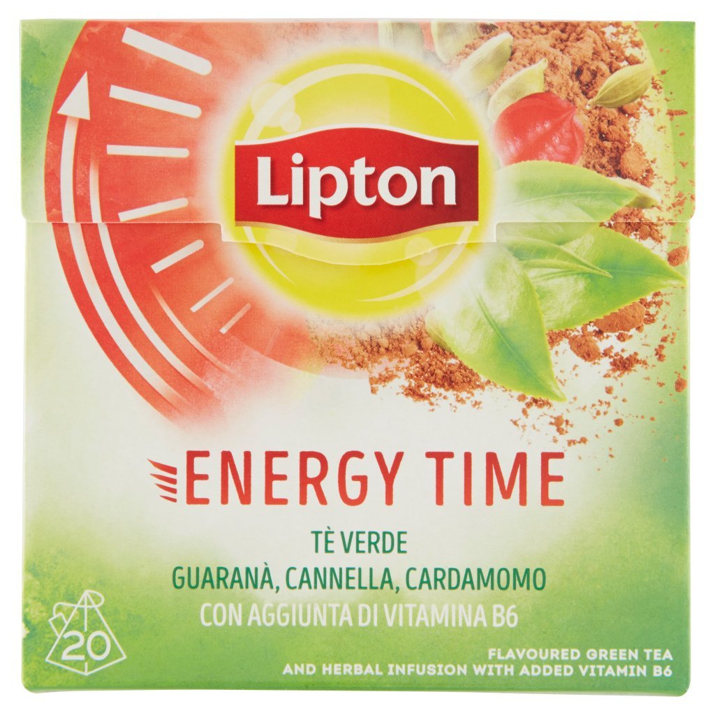 Lipton Energy Time con Tè Verde, Guaranà, Cannella, Cardamomo e Vitamina B6 20 Filtri