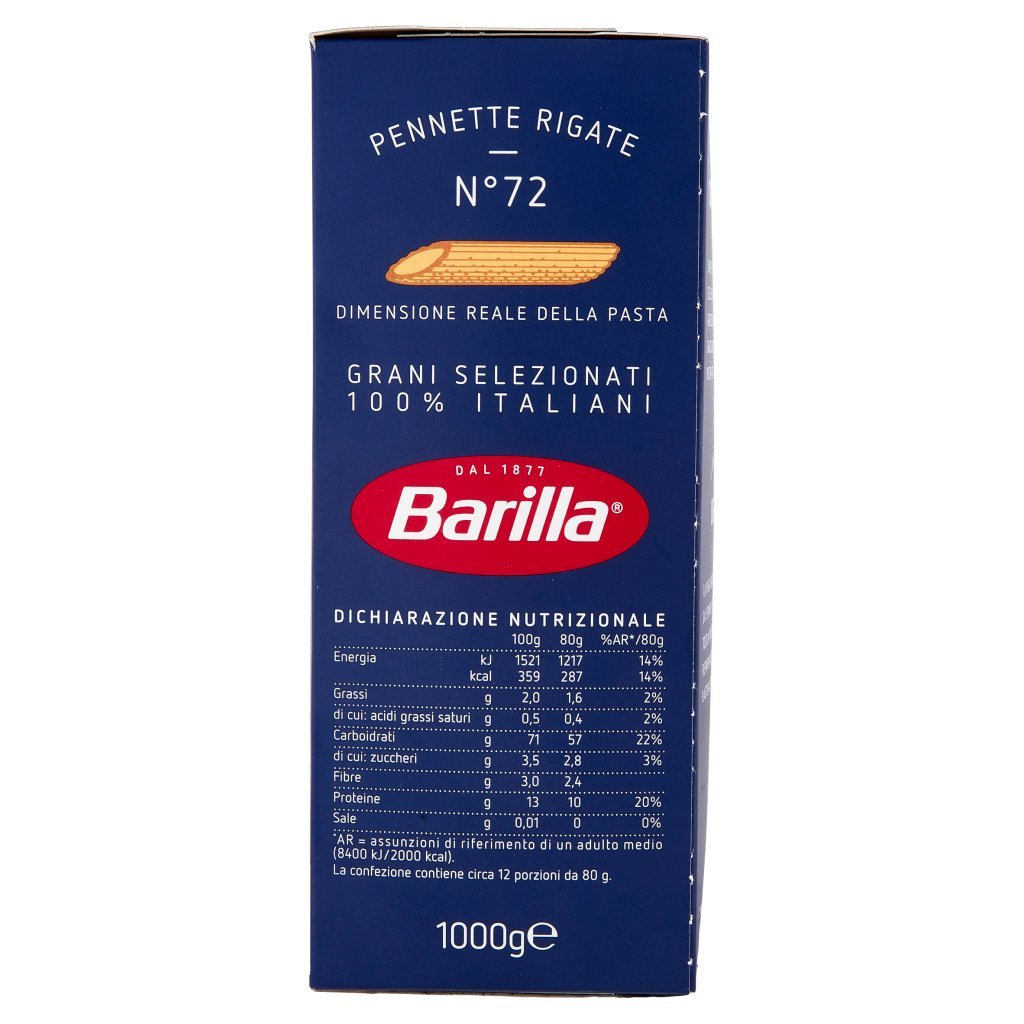 Barilla Pasta Pennette Rigate N.72 100% Grano Italiano 1kg