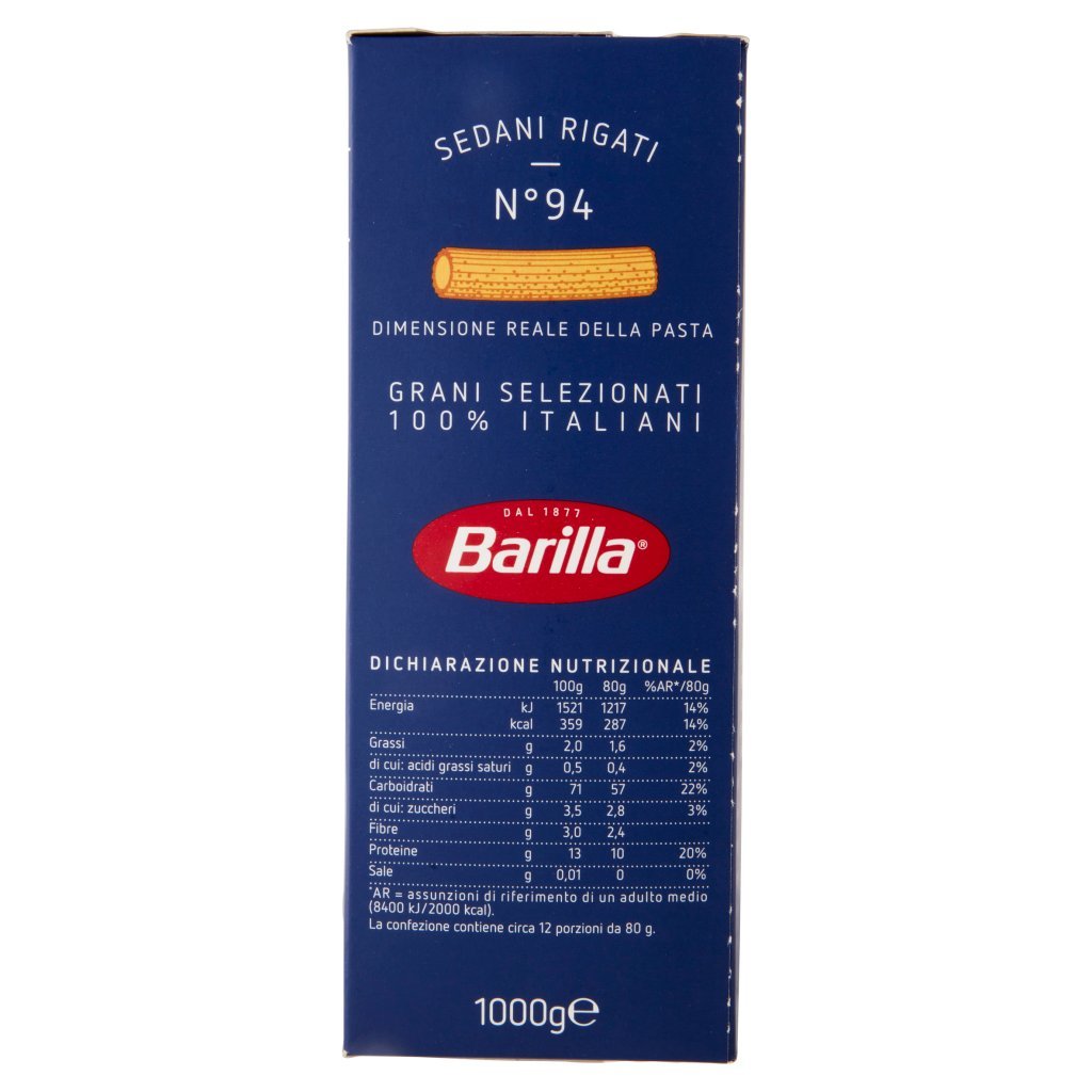 Barilla Pasta Sedani Rigati N.94 100% Grano Italiano 1 Kg