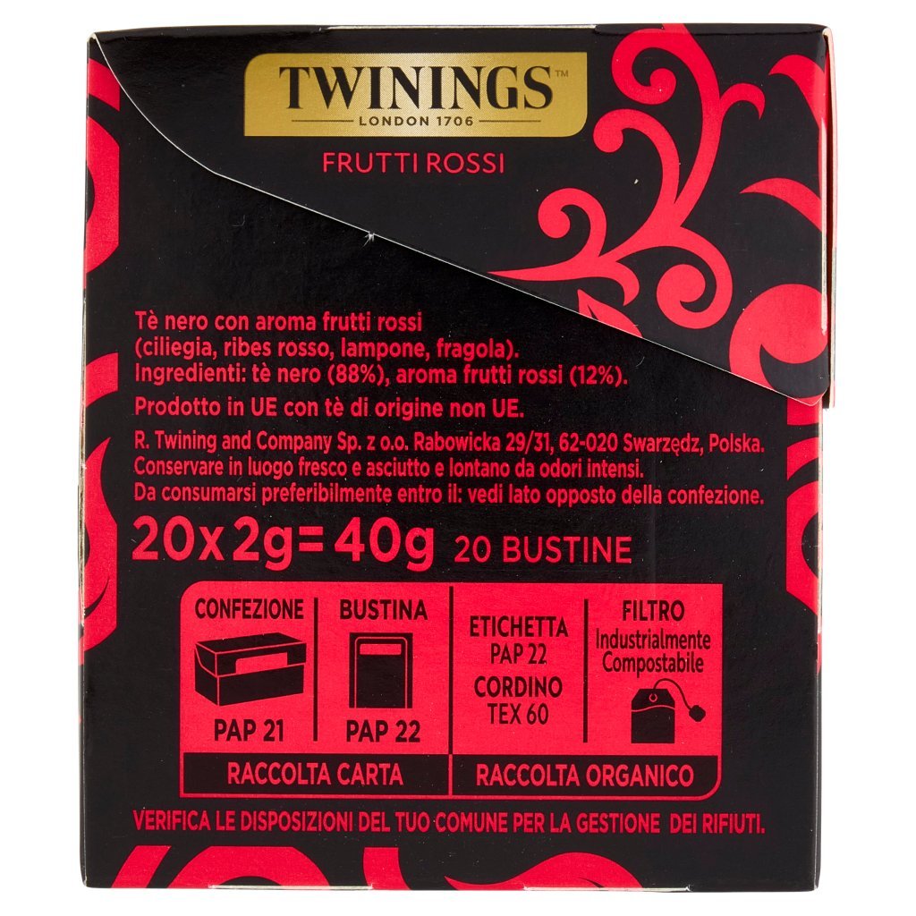 Twinings Frutti Rossi Tè Nero Aromatizzato alla Fragola, Ciliegia, Ribes Lampone 20 Filtri The