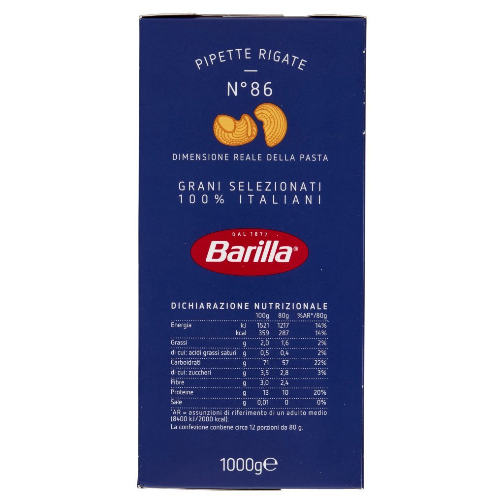 Barilla Pasta Pipette Rigate N.86 100% Grano Italiano 1kg