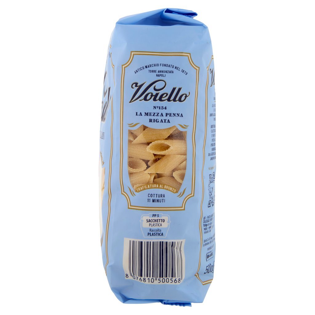 Voiello Pasta la Mezza Penna Rigata N°154 Grani 100% Italiani Trafilata Bronzo