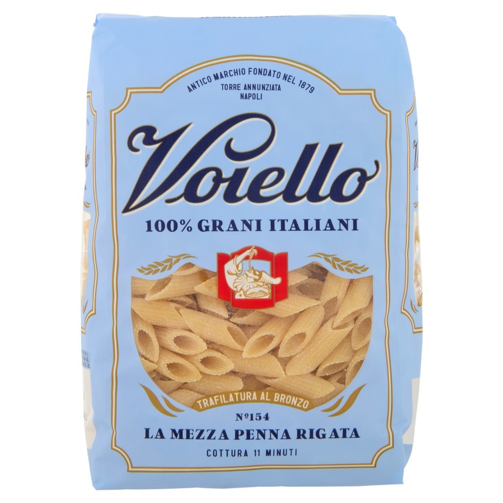 Voiello Pasta la Mezza Penna Rigata N°154 Grani 100% Italiani Trafilata Bronzo