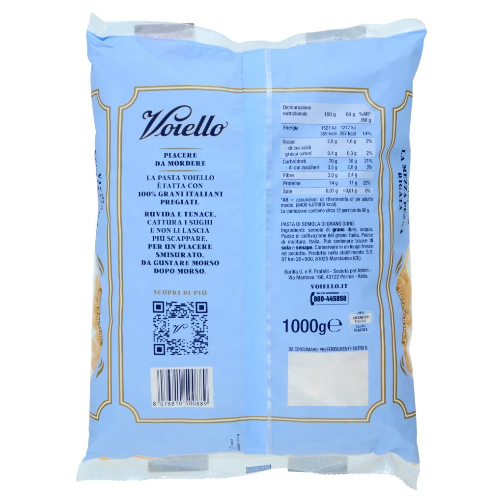 Voiello Pasta la Mezza Penna Rigata N°154 Grani 100% Italiani Trafilata Bronzo 1kg