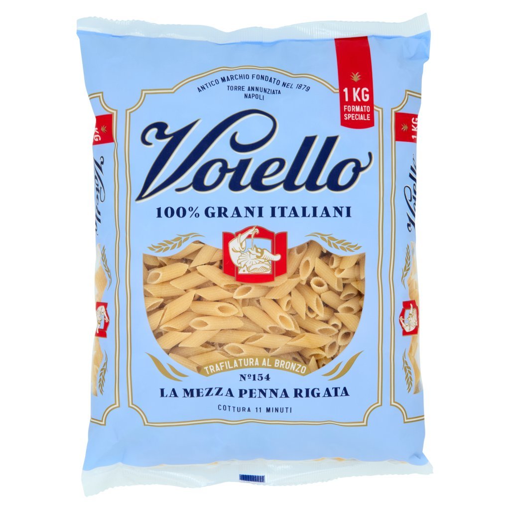 Voiello Pasta la Mezza Penna Rigata N°154 Grani 100% Italiani Trafilata Bronzo 1kg