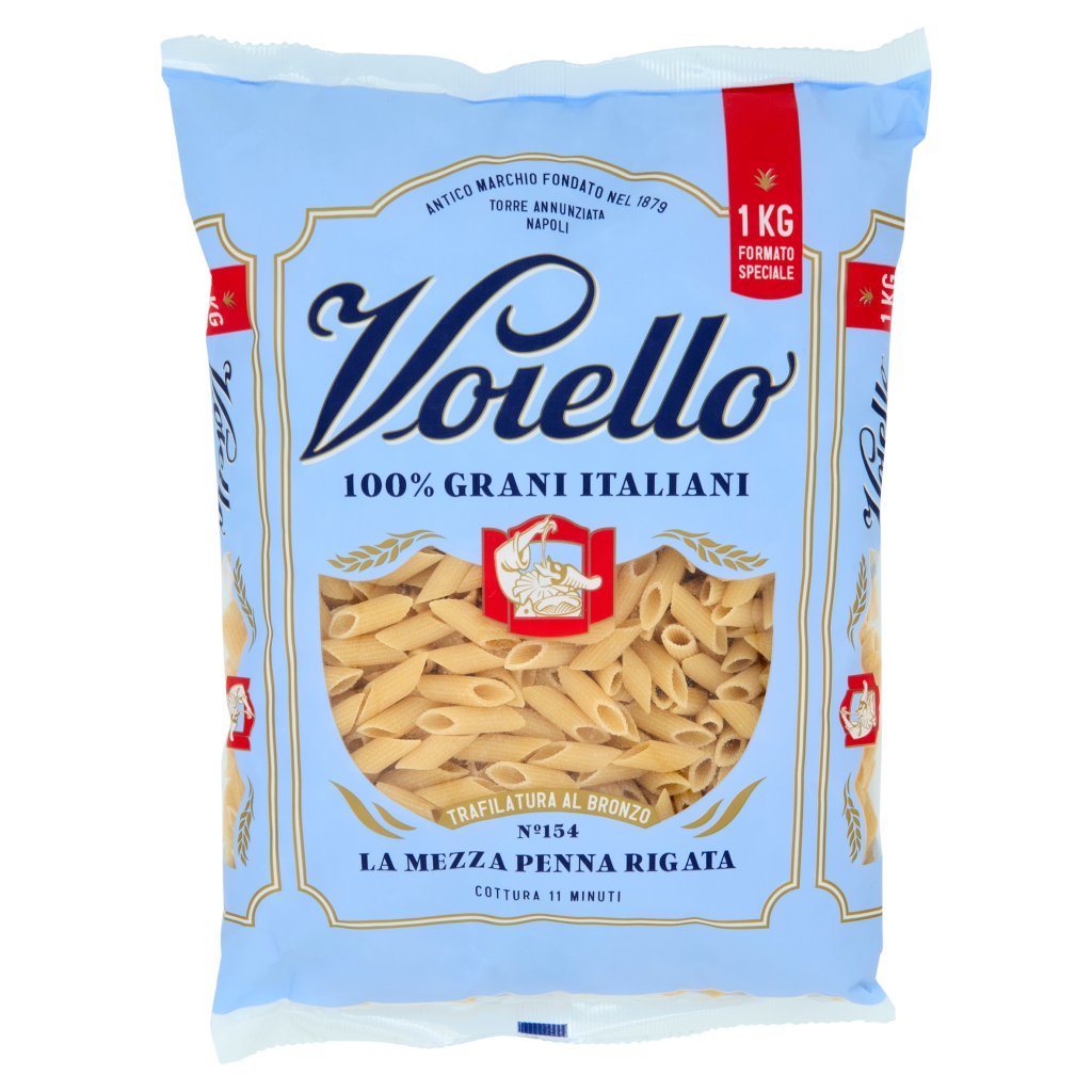 Voiello Pasta la Mezza Penna Rigata N°154 Grani 100% Italiani Trafilata Bronzo 1kg