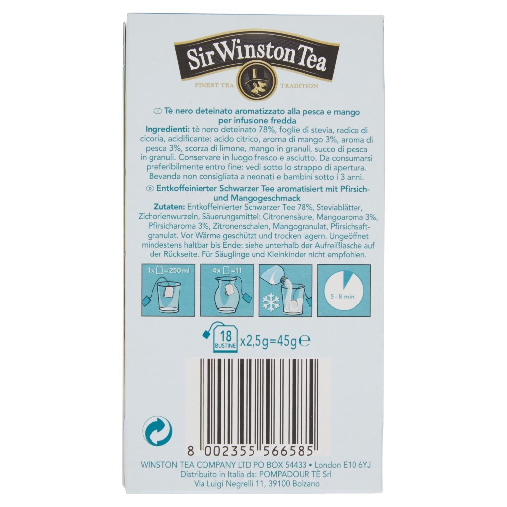 Sir Winston Tea Tè Freddo Pesca e Mango Deteinato 18 x 2,5 g