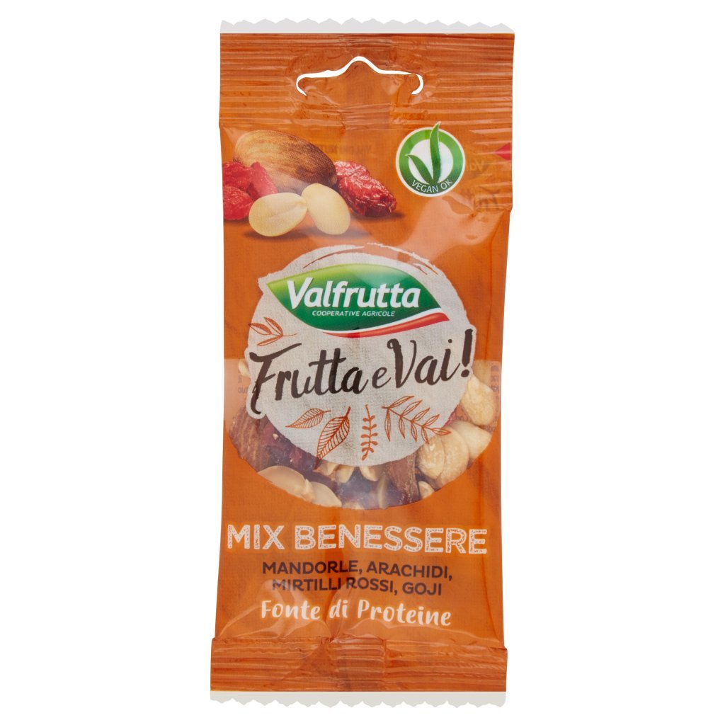 Valfrutta Frutta e Vai! Mix Benessere Mandorle, Arachidi, Mirtilli Rossi, Goji