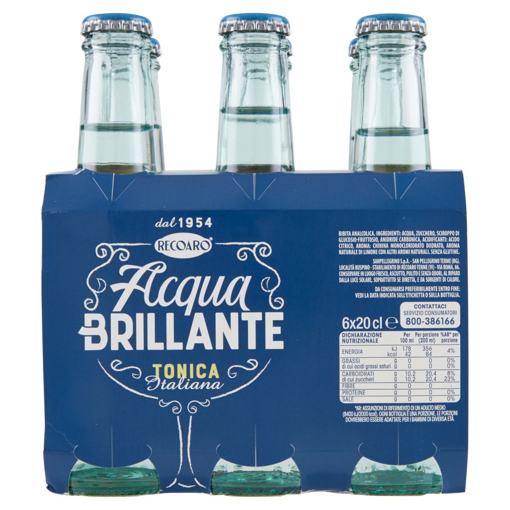 Recoaro Acqua Brillante  Recoaro Acqua Brillante Bibita Gassata, Acqua Tonica 20cl x 6